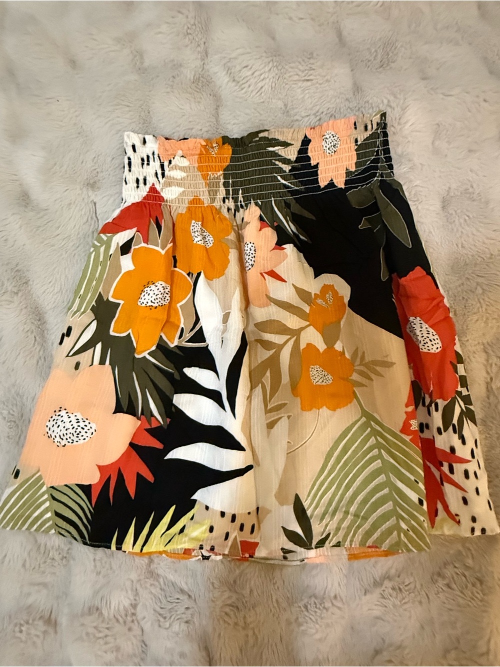 LOFT Floral Smocked Waist Mini Skirt - Black, Orange, Pink